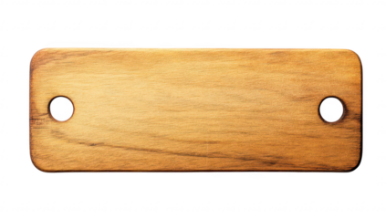A smooth. rectangular wooden plank with two circular holes. placed on a clean. white surface. its natural grain and color. ideal for home decor or crafting projects