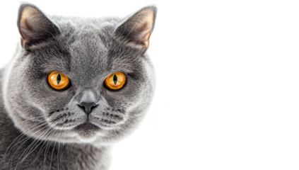 A close-up portrait of a British Shorthair cat with striking orange eyes. its plush gray fur against a clean white background. perfect for pet-related content