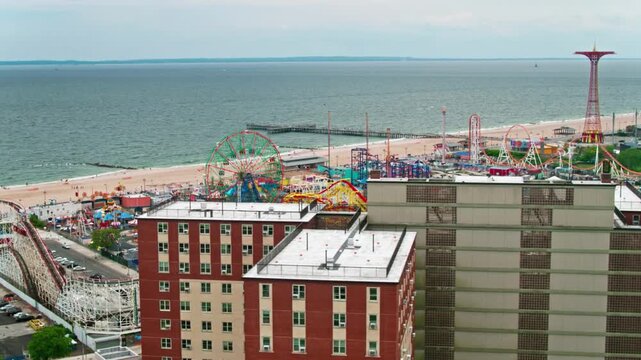 An aerial view of the coney island amusement park and beach in brooklyn, ny