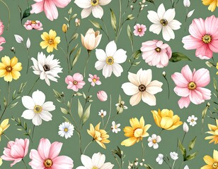 A vibrant floral print with various shades of flowers and greenery