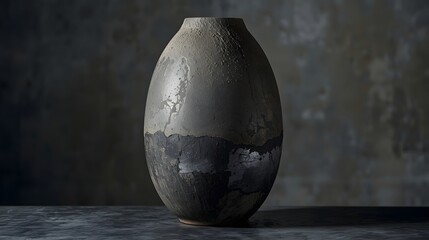Gritty concrete vase with wide silver veins, deep shadows highlighting every imperfection.