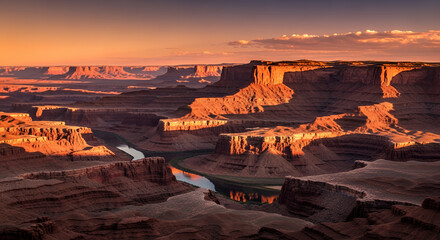 Aerial view of canyonlands national park with river during golden hour light and dramatic rocky formations