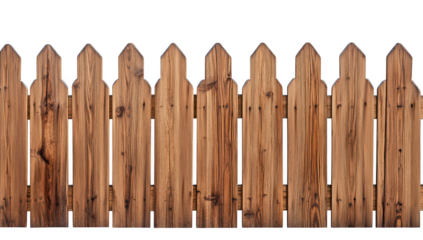 A beautifully crafted wooden fence with pointed tops. its natural grain and texture. set against a plain white background. suitable for home improvement or landscaping projects