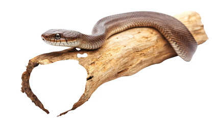 Fototapeta premium A close-up view of a snake resting on a piece of driftwood. its smooth scales and natural habitat. ideal for educational or wildlife-related content