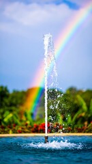 A vibrant fountain with a rainbow