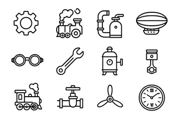 Vintage steampunk icons collection in minimal linear style