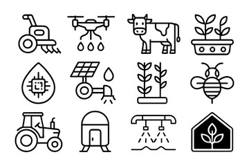 Modern agriculture icons featuring technology and sustainability in linear design