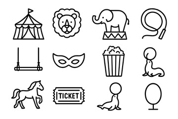 Circus line icons: mask, elephant, lion, horse, popcorn, ticket, and more