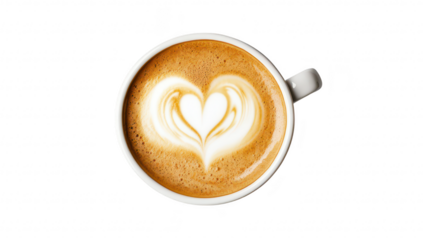 A beautifully crafted cup of coffee featuring a heart-shaped latte art design. set against a clean white background. perfect for caf? culture or coffee appreciation