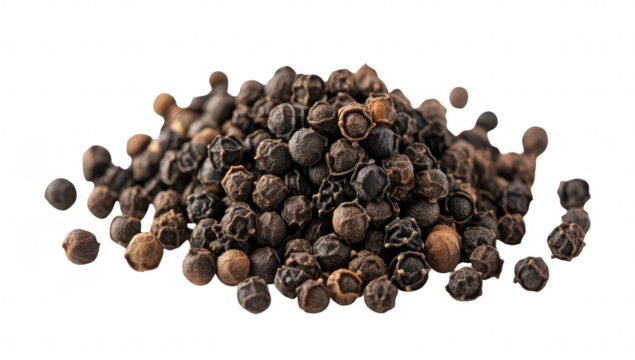 A close-up view of a pile of black peppercorns. their textured surfaces and varying shades. ideal for culinary use. food photography. or spice-related content
