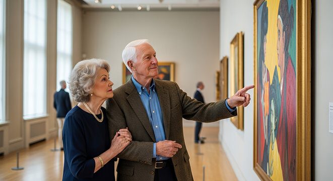 Elderly couple admiring a painting in an art gallery with the man pointing at the artwork closely