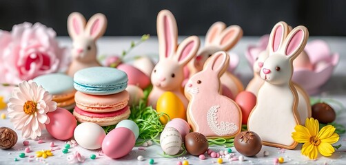 Elegant Easter dessert table with pastel macarons, bunny-shaped cookies, and chocolate eggs,  festive,   rustic background