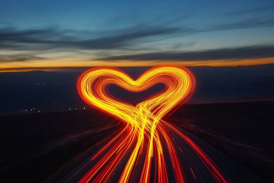 Heart-shaped light trails on highway at twilight