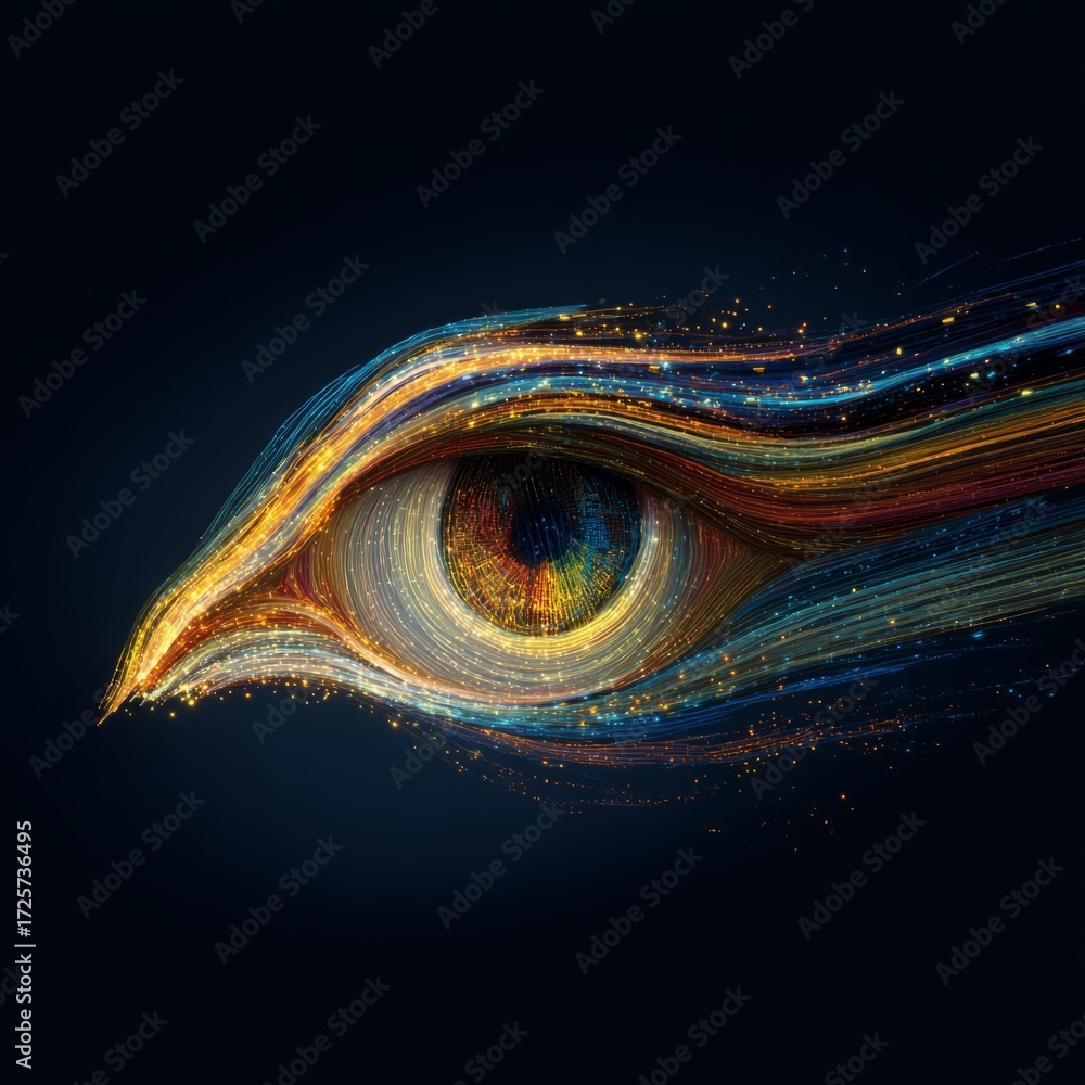 Poster artistic representation of an eye with colorful light trails flowing dynamically in a dark backgroun