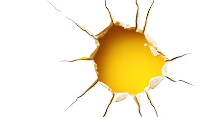 A yellow wall with a large. irregularly shaped hole revealing a contrasting surface behind it. creating a dynamic visual effect perfect for creative design and advertising use