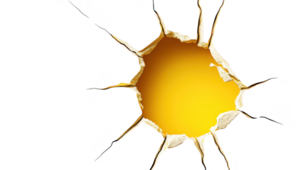 A yellow wall with a large. irregularly shaped hole revealing a contrasting surface behind it. creating a dynamic visual effect perfect for creative design and advertising use