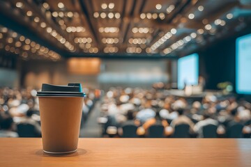 Coffee Cup in Focus Amid Blurred Audience at Conference or Business Event