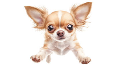 Obraz premium A playful Chihuahua leaping joyfully against a plain white background. its personality and energy. perfect for pet-related content and marketing