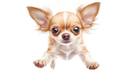 A playful Chihuahua leaping joyfully against a plain white background. its personality and energy. perfect for pet-related content and marketing