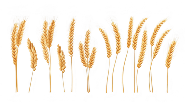 A collection of golden wheat stalks arranged in various positions. symbolizing agriculture and harvest. with a clean white background ideal for educational or promotional use