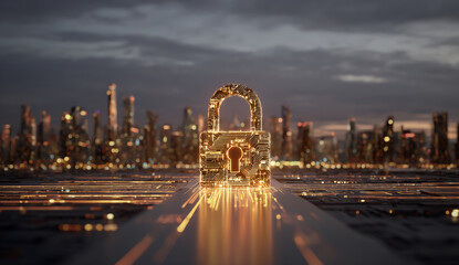 Glowing padlock symbolizing digital security and data protection in a modern cityscape
