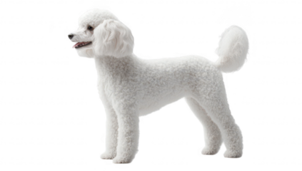 A fluffy white poodle stands gracefully on a smooth. light-colored surface. its well-groomed fur and playful expression. with a soft shadow adding depth to the serene background