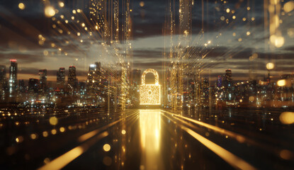 Digital padlock glowing in a futuristic cityscape with bokeh lights