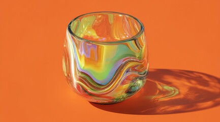 Colorful glass cup displays vibrant patterns against an orange backdrop in bright sunlight