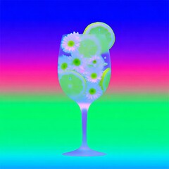 Colorful drink with flowers and fruit in a glass against a vibrant background