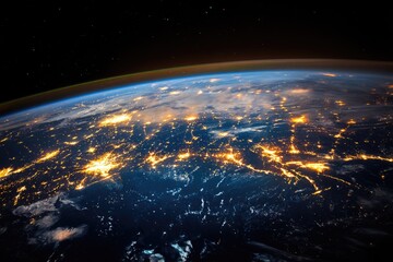 Obraz premium A breathtaking view of Earth from space, showcasing the network of city lights illuminating the planet's surface.