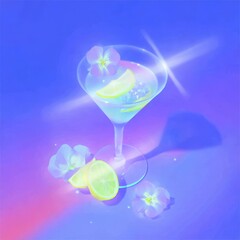Colorful cocktail with lime and flower garnishes on a vibrant background