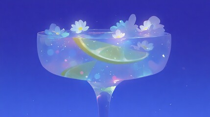 Colorful sparkling drink with flowers and lime slices in a clear glass against a blue background