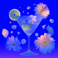Refreshing cocktail with flowers and citrus on a vibrant blue background surrounded by petals