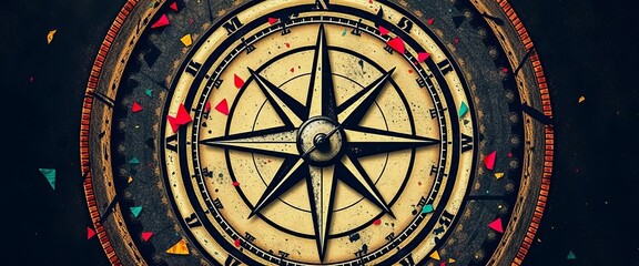 Obraz premium Stylized compass rose design, incorporating trash polka aesthetic; gritty, chaotic, yet balanced, tattoo, wallpaper