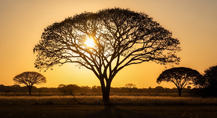 Silhouette of a large tree with sun shining through branches at sunset in a golden landscape