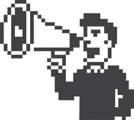 Obraz premium Pixel art man holding a megaphone announcing loudly