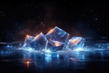 Luminous ice cubes reflecting moonlight, scattered snowflakes descending through shadowy winter atmosphere