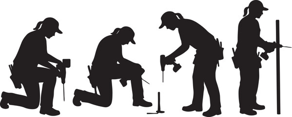 PrintCarpenter silhouettes, construction worker poses, black figure art, power drill action, hammer task, measuring moment, skilled labor, tool belt gear, kneeling posture, standing worker, 