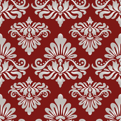 seamless damask pattern with gray flower and dark red background, vintage and luxury, vector illustration elegant for textile, wall paper, bedding, rug, curtains, cushion cover, upholstery fabric