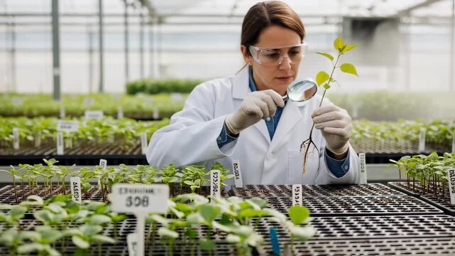 Medium shot of an expert examining young rootstock plants in a greenhouse focusing on selecting varieties suited for drought resistance and climate adaptability.