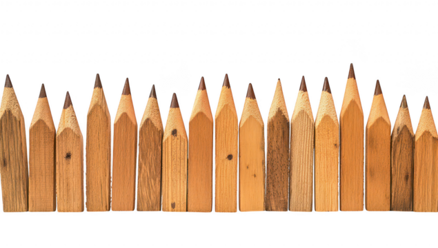 A row of sharpened wooden pencils arranged in a straight line. their natural wood texture and varying shades. set against a clean white background. ideal for educational or artistic themes