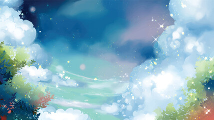 A dreamy sky filled with fluffy clouds, twinkling stars, and a soft gradient of colors, evoking a serene and magical atmosphere