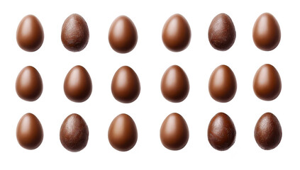 Fototapeta premium A visually appealing arrangement of glossy chocolate eggs displayed in a perfect grid on a clean white background. ideal for seasonal celebrations or gourmet food promotions