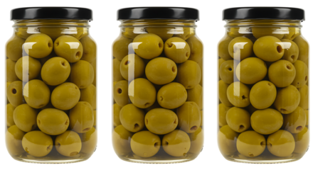Three glass jars filled with bright yellow olives on transparent background