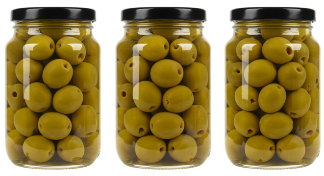 Three glass jars filled with bright yellow olives on transparent background