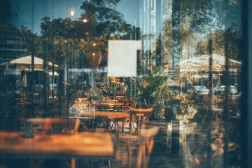 Fototapeta premium A blurred, nighttime view through a restaurant window, showcasing empty tables and chairs arranged on a patio, with greenery and city lights visible in the background
