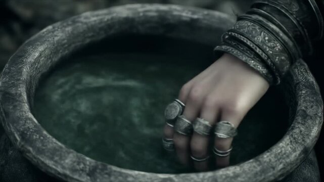 A hand adorned with intricate rings dips into a dark, mysterious potion within a large, stone cauldron.