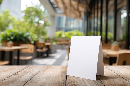 A blank white tent card stands on a wooden table in a blurred background of a cafe with outdoor seating