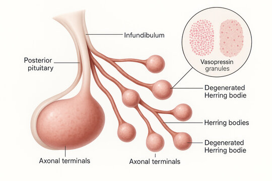 Diagram of the posterior pituitary gland, infundibulum, and Herring bodies