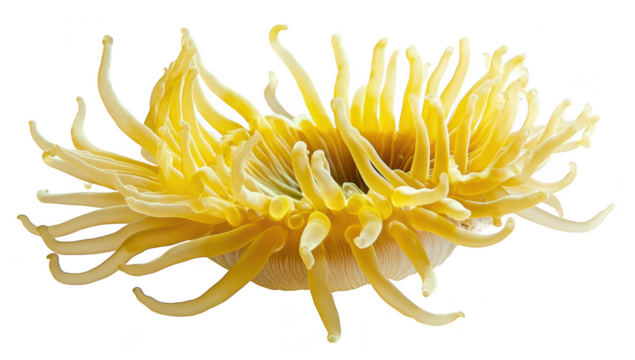 A yellow sea anemone with long. flowing tentacles gracefully displayed against a white background. its intricate structure and natural beauty. ideal for educational or decorative use
